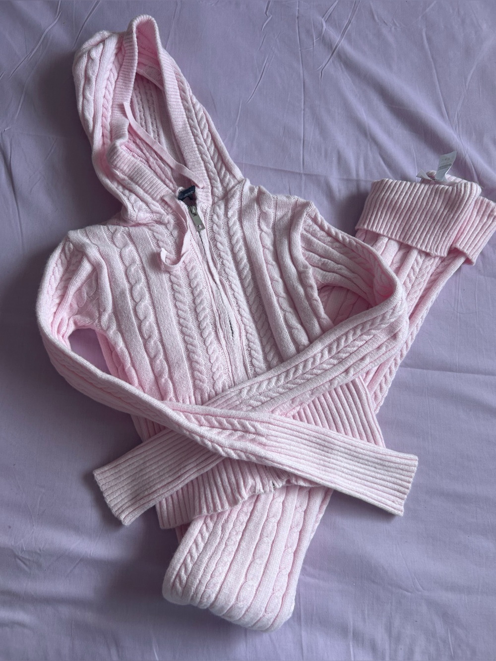Forever 21 Light Pink Cable Knit Zip Hoodie Bodysuit